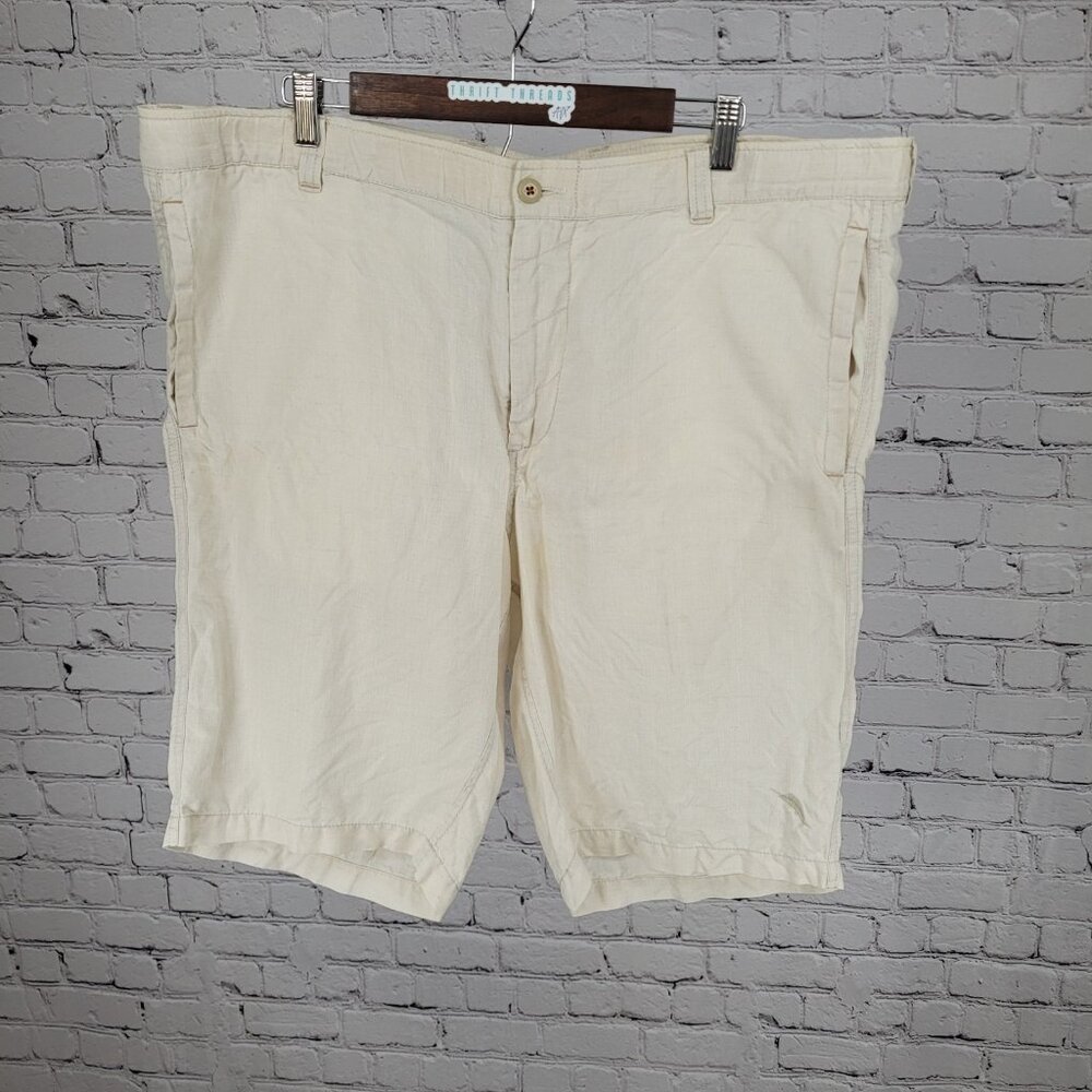 Tommy Bahama Beige 100% Linen Zip & Drawstring Breathable Shorts Size LT (42x11)